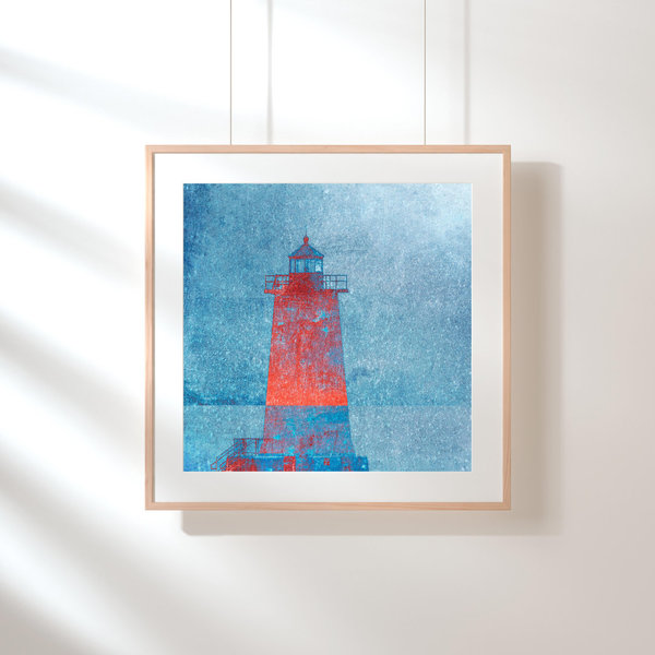 Kunstdruck Print 12x12cm Leuchtturm rot blau